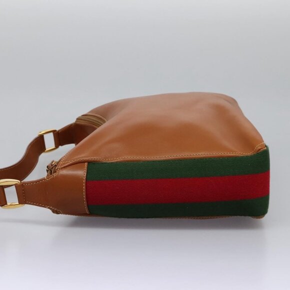 GUCCI Web Sherry Line Shoulder Bag Leather Brown Red Green Auth - Picture 11 of 15